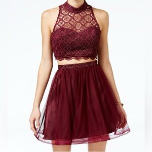 Sequin Hearts Maroon 2 Pc Chiffon Skirt A-line Crop Lace Bustier Dress Size 5